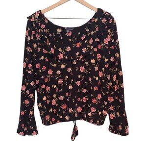 American Eagle Black Floral Blouse Drawstring Hem Cottagecore Size Medium